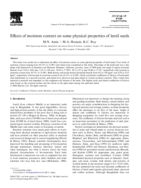 (PDF) Effects of moisture content on some physical properties of lentil ...