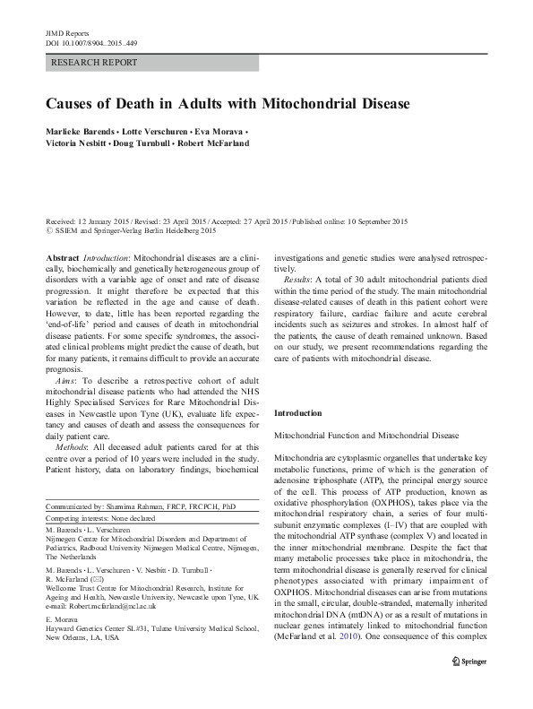 (PDF) Causes of Death in Adults with Mitochondrial Disease
