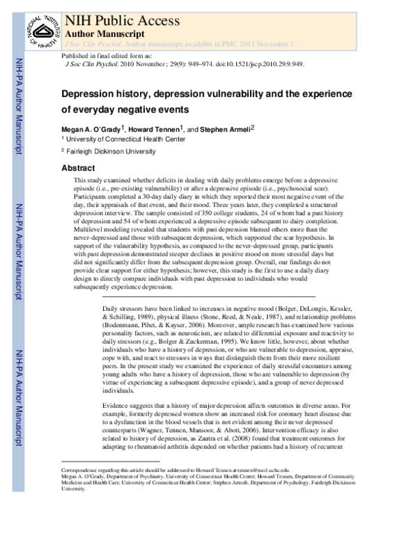 (PDF) Depression History, Depression Vulnerability, and the Experience ...