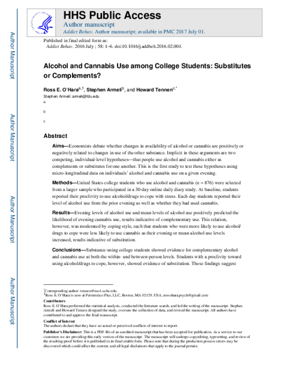 (PDF) Alcohol and cannabis use among college students: Substitutes or ...