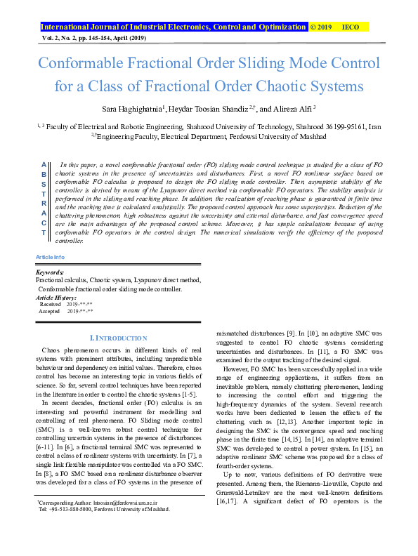 (PDF) Conformable Fractional Order Sliding Mode Control for a Class of ...