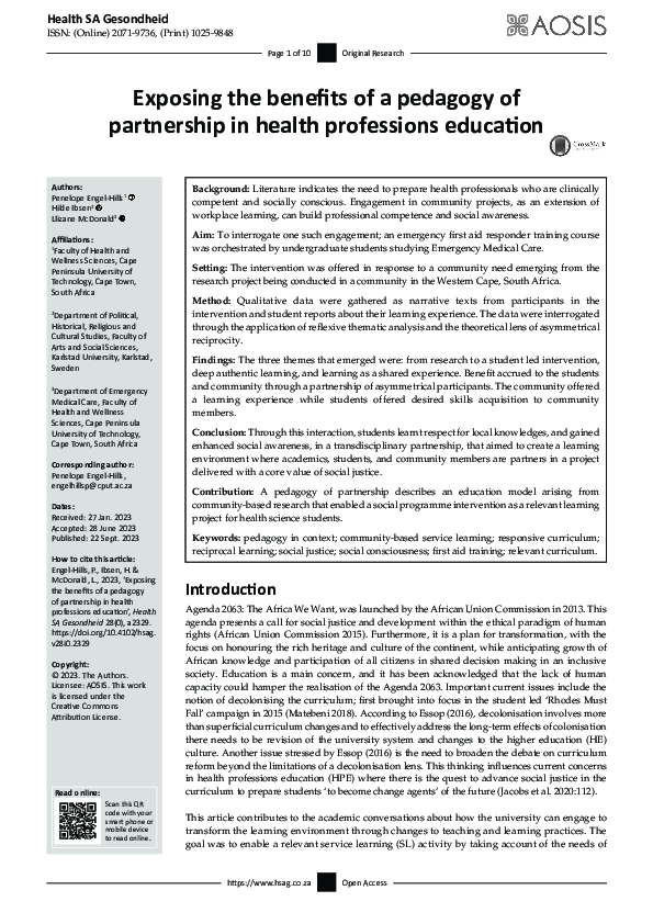 (PDF) Exposing the benefits of a pedagogy of partnership in health ...