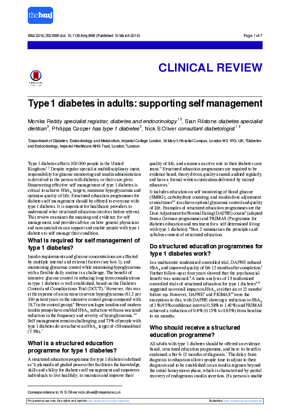 (PDF) Type 1 diabetes in adults: supporting self management