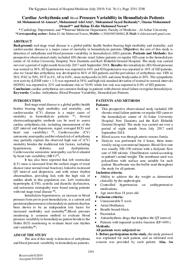 (PDF) Cardiac Arrhythmia and Blood Pressure Variability in Hemodialysis ...