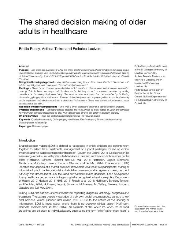 (PDF) The shared decision making of older adults in healthcare