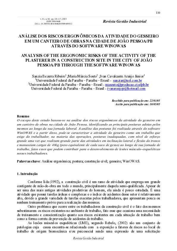 (PDF) Análise Dos Riscos Ergonômicos Da Atividade Do Gesseiro Em Um ...