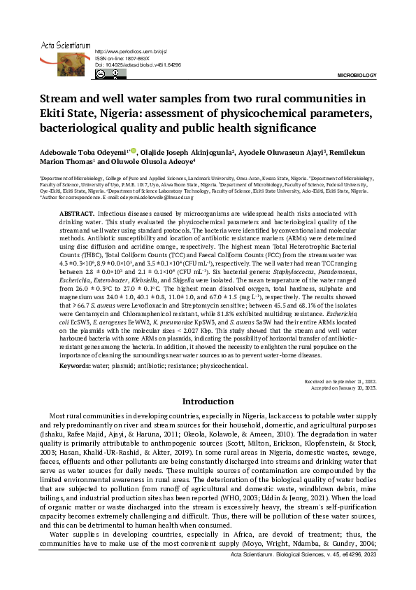 (PDF) Stream and well water samples from two rural communities in Ekiti ...