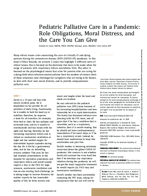 (PDF) Pediatric Palliative Care in a Pandemic: Role Obligations, Moral ...