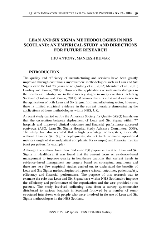(PDF) Lean and Six Sigma Methodologies in NHS Scotland: An Empirical ...