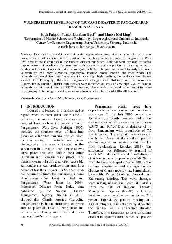 (PDF) Vulnerability Level Map of Tsunami Disaster in Pangandaran Beach ...