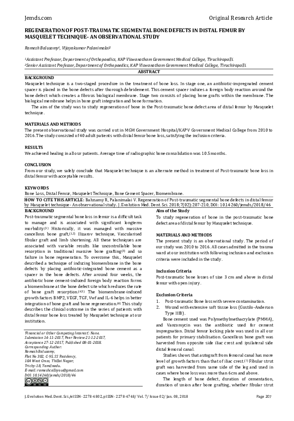 (PDF) Regeneration of Post-Traumatic Segmental Bone Defects in Distal ...