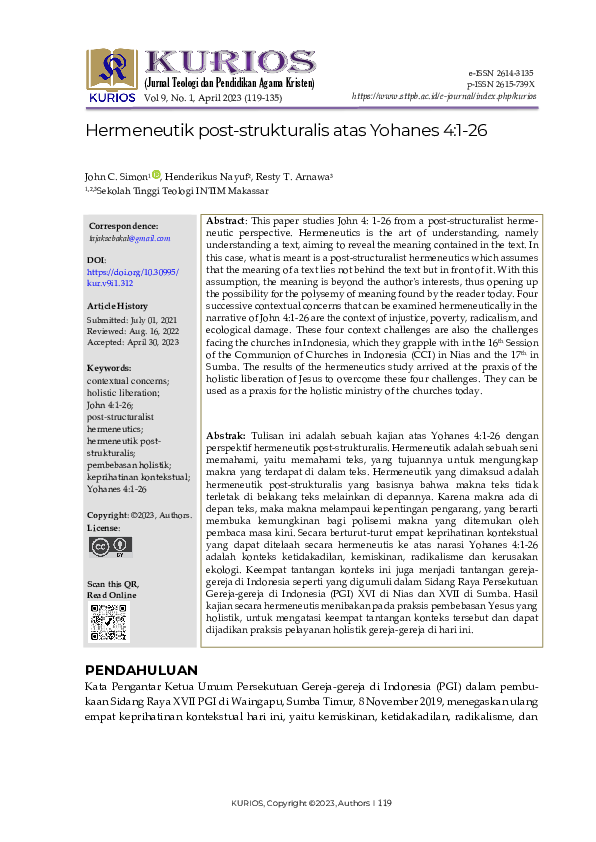 (PDF) Hermeneutik poststrukturalis atas Yohanes 4126 Resty Arnawa