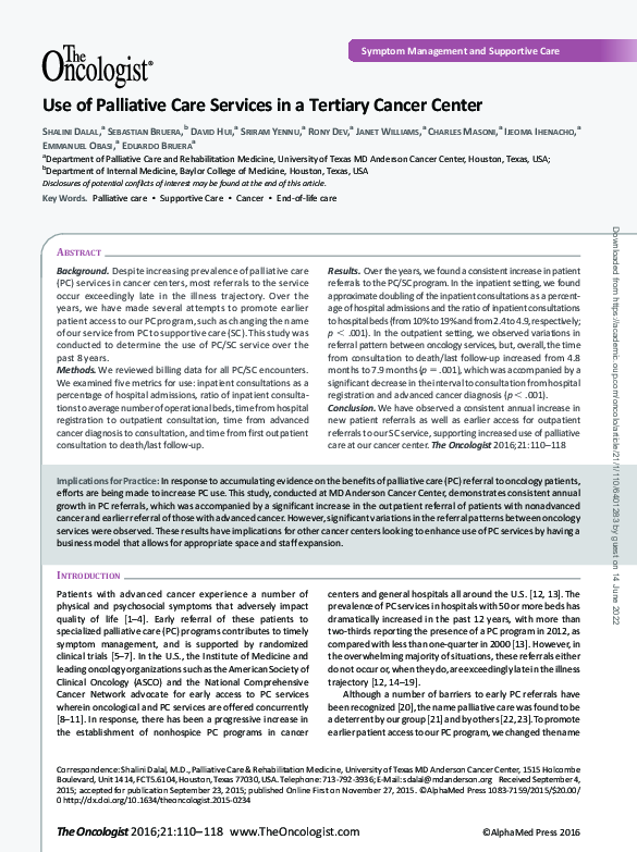 (PDF) Use of Palliative Care Services in a Tertiary Cancer Center