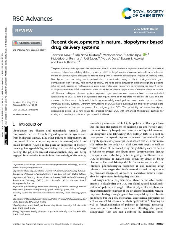 (PDF) Recent developments in natural biopolymer based drug delivery systems
