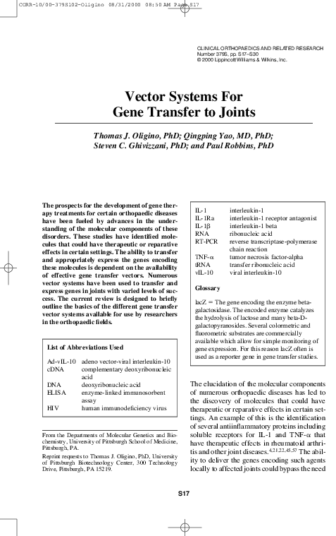 (PDF) Vector Systems For Gene Transfer to Joints