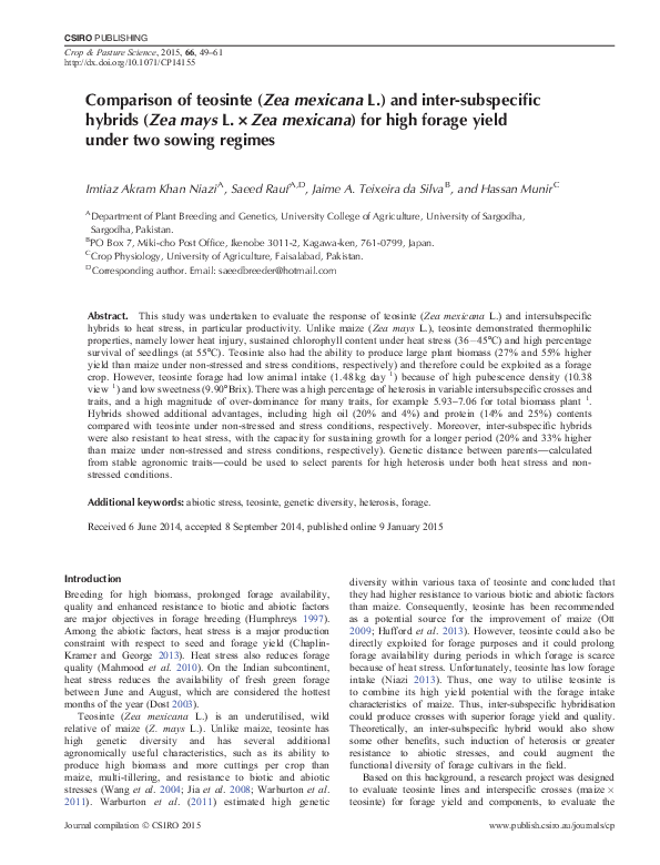 (PDF) Comparison of teosinte (Zea mexicana L.) and inter-subspecific ...