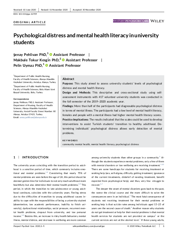 (PDF) Psychological distress and mental health literacy in university ...