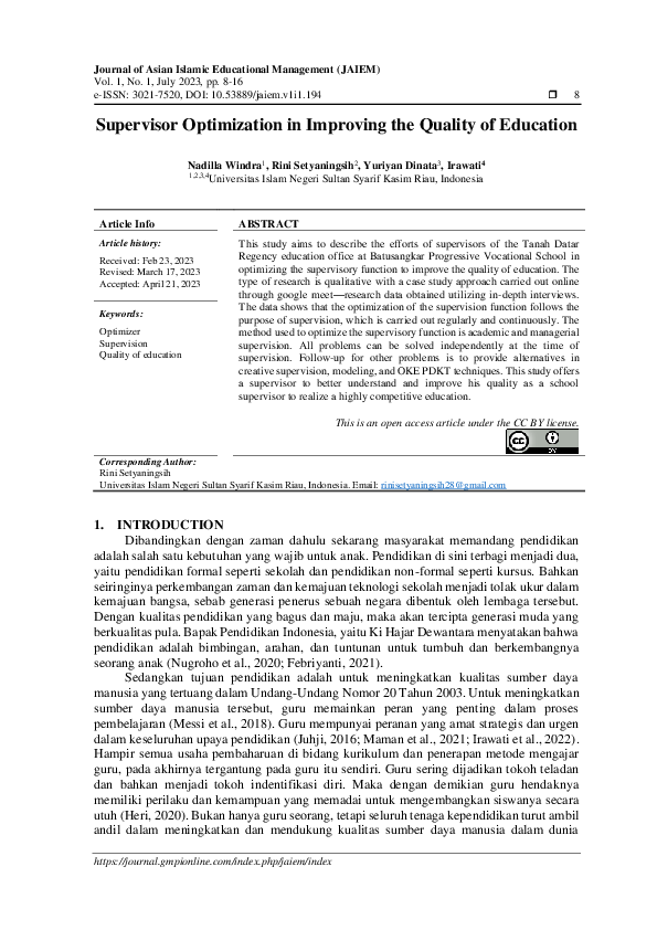 (PDF) Supervisor Optimization in Improving the Quality of Education