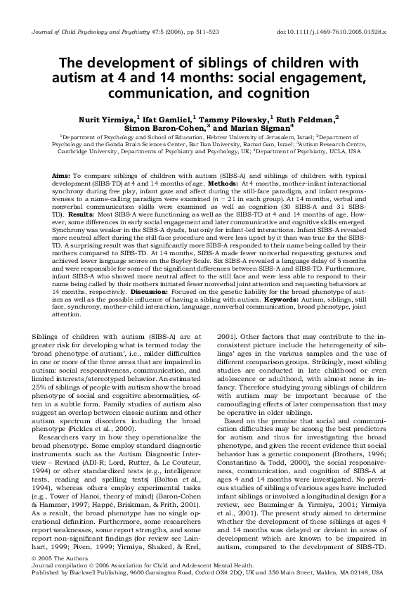 (PDF) The development of siblings of children with autism at 4 and 14 ...