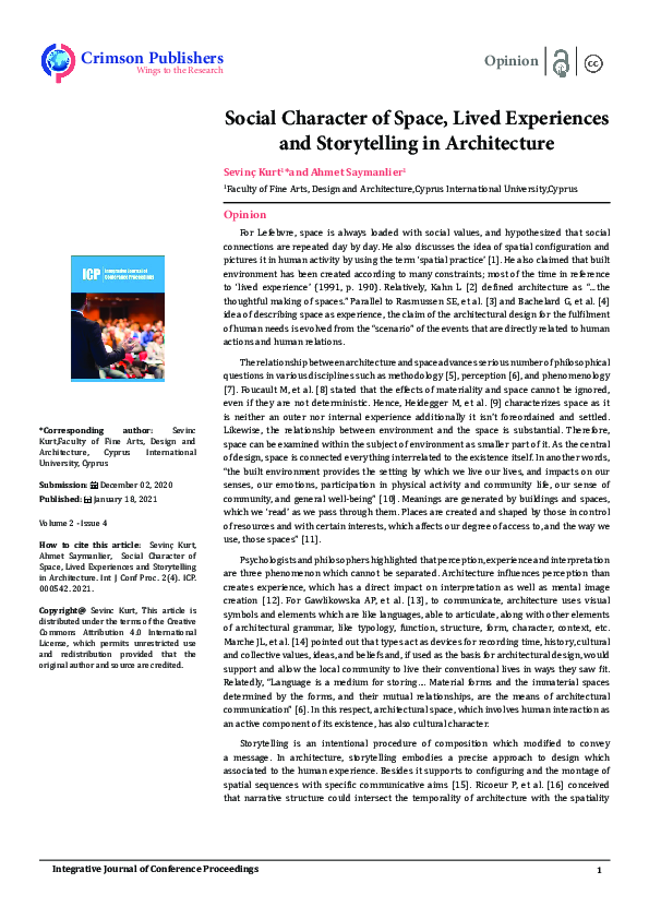 (PDF) Social Character of Space, Lived Experiences and Storytelling in ...