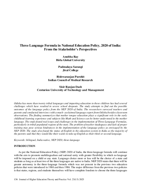 (PDF) Three Language Formula in National Education Policy, 2020 of ...