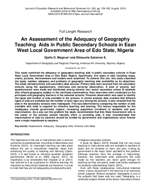 (PDF) An Assessment of the Adequacy of Geography Teaching Aids in ...