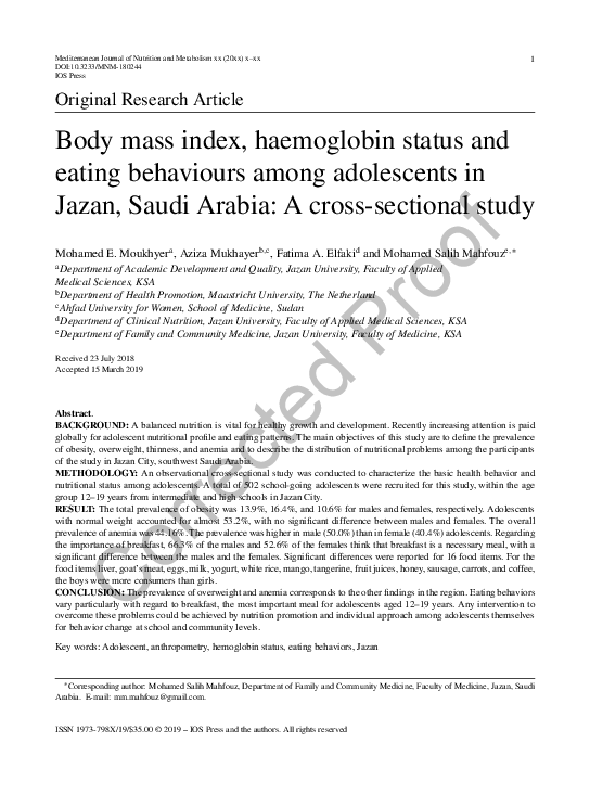 Pdf Body Mass Index Haemoglobin Status And Eating Behaviours Among