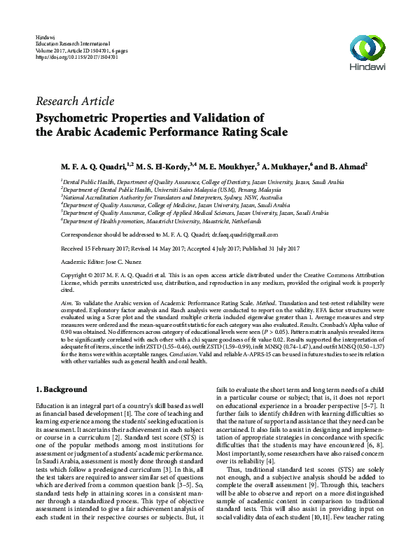(PDF) Psychometric Properties and Validation of the Arabic Academic ...