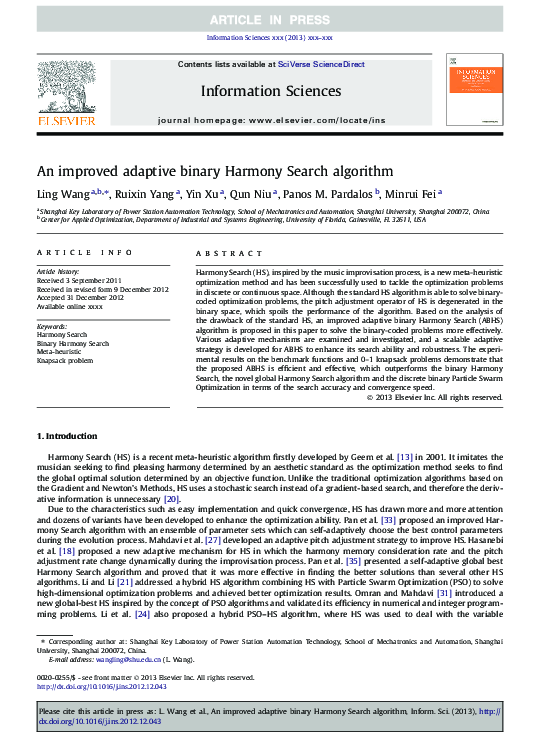 (PDF) An improved adaptive binary Harmony Search algorithm