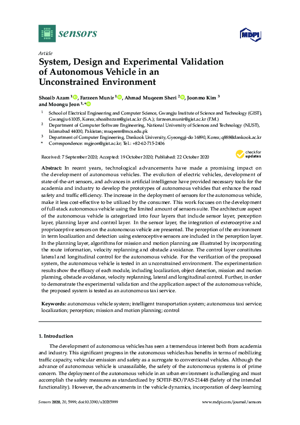 (PDF) System, Design and Experimental Validation of Autonomous Vehicle ...