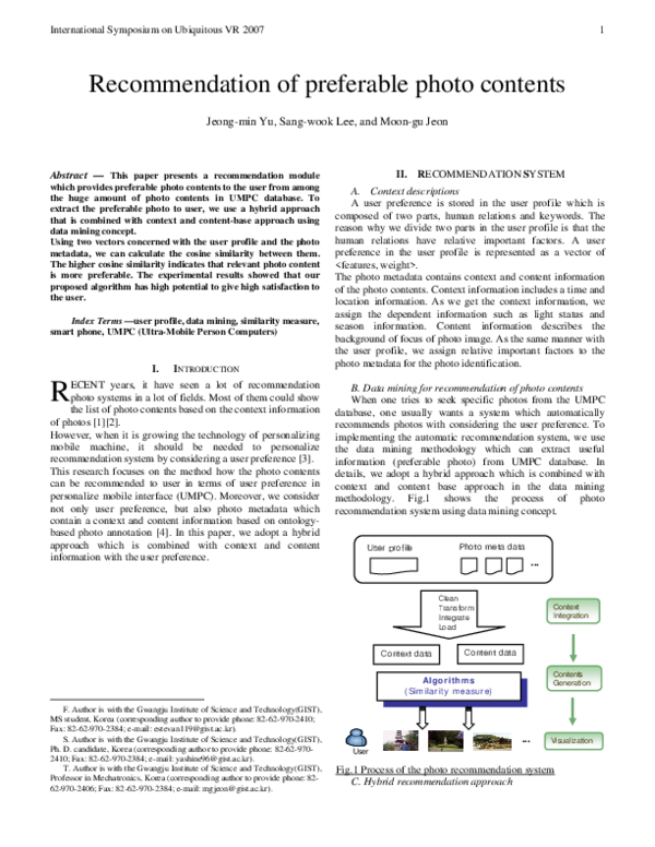 (PDF) Recommendation of preferable photo contents