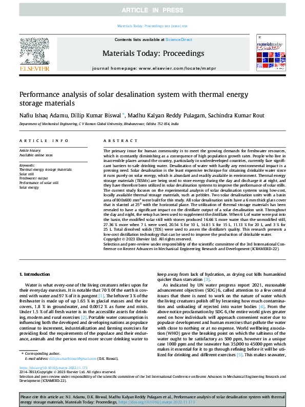 (PDF) Performance analysis of solar desalination system with thermal ...