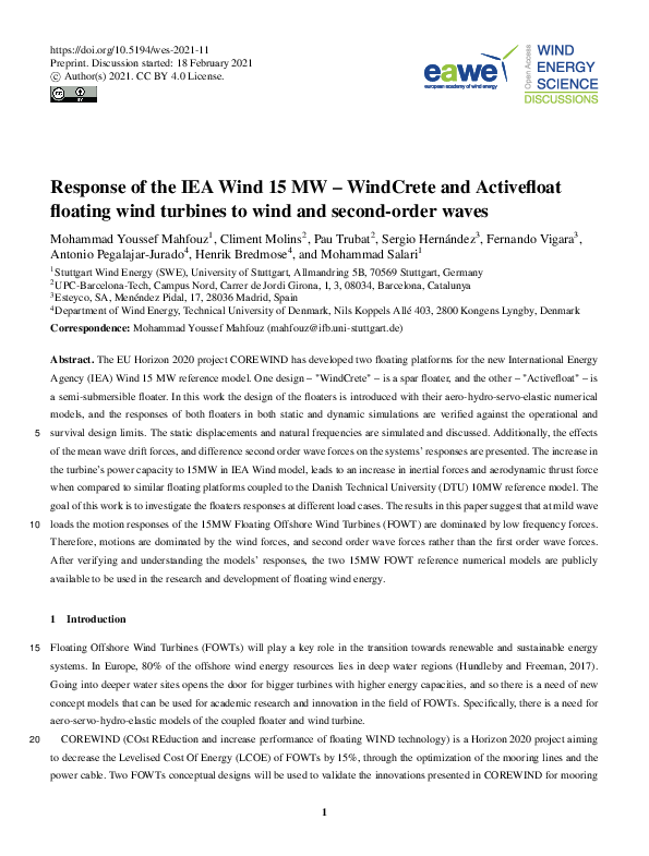 (PDF) Response of the IEA Wind 15 MW – WindCrete and Activefloat ...