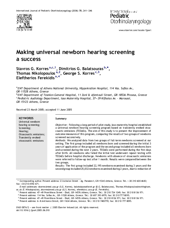 (PDF) Making universal newborn hearing screening a success | Stavros ...