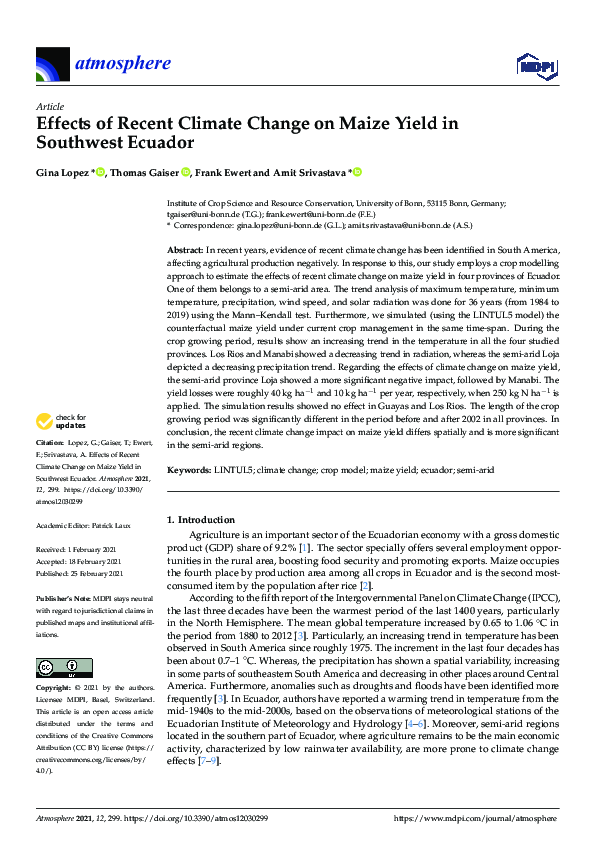 (PDF) Effects of Recent Climate Change on Maize Yield in Southwest Ecuador