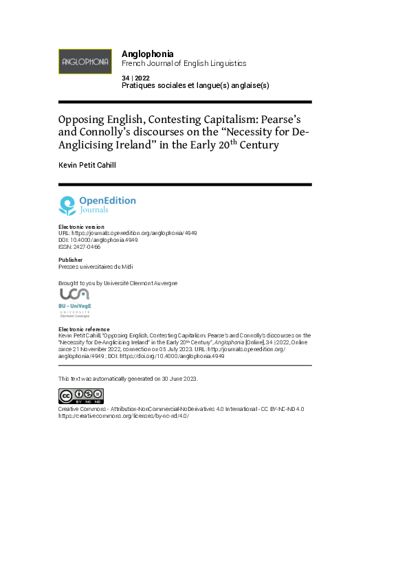 (PDF) Opposing English, Contesting Capitalism: Pearse's and Connolly's ...