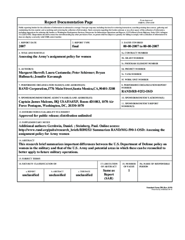 (PDF) Assessing the Army's Assignment Policy for Women