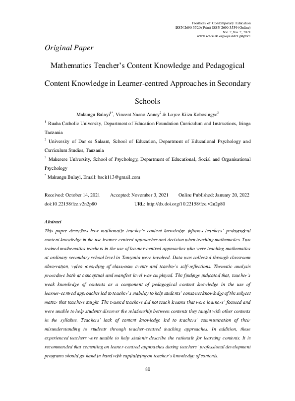 (PDF) Mathematics Teacher’s Content Knowledge and Pedagogical Content ...