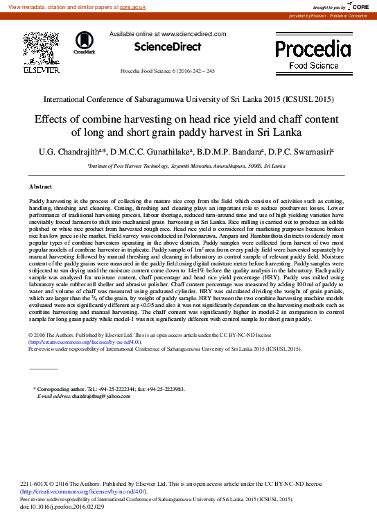 (PDF) Effects of Combine Harvesting on Head Rice Yield and Chaff ...