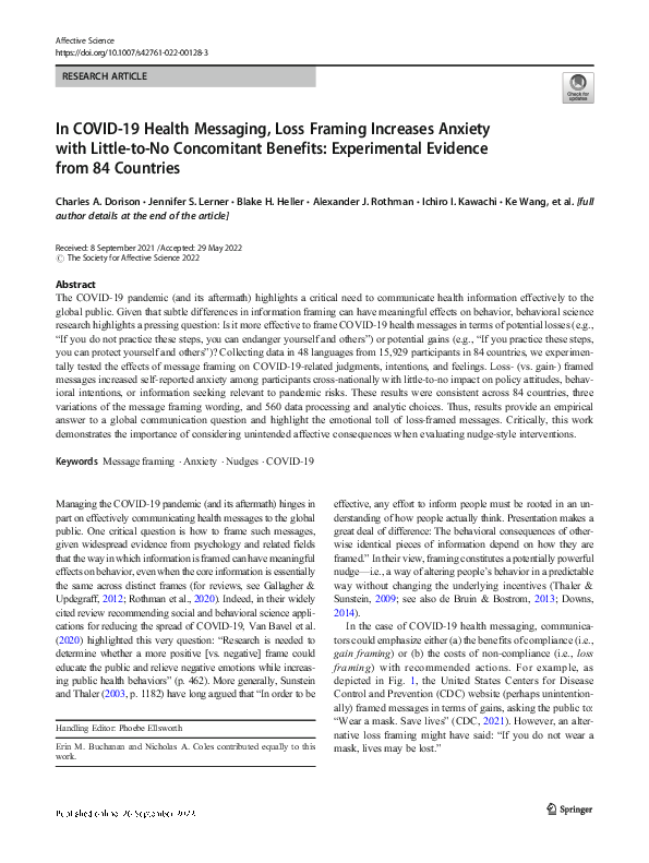 (PDF) In COVID-19 Health Messaging, Loss Framing Increases Anxiety with ...
