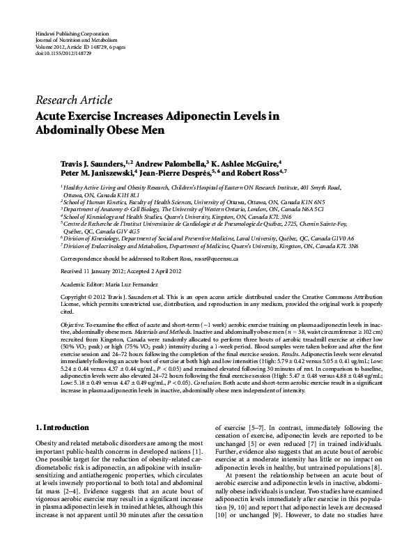 (PDF) Acute Exercise Increases Adiponectin Levels in Abdominally Obese Men
