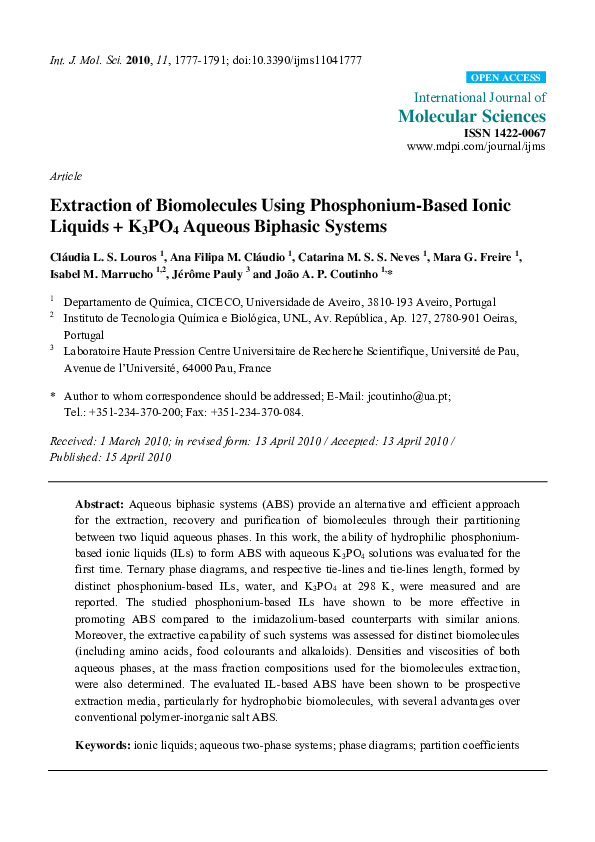 (PDF) Extraction of Biomolecules Using Phosphonium-Based Ionic Liquids ...