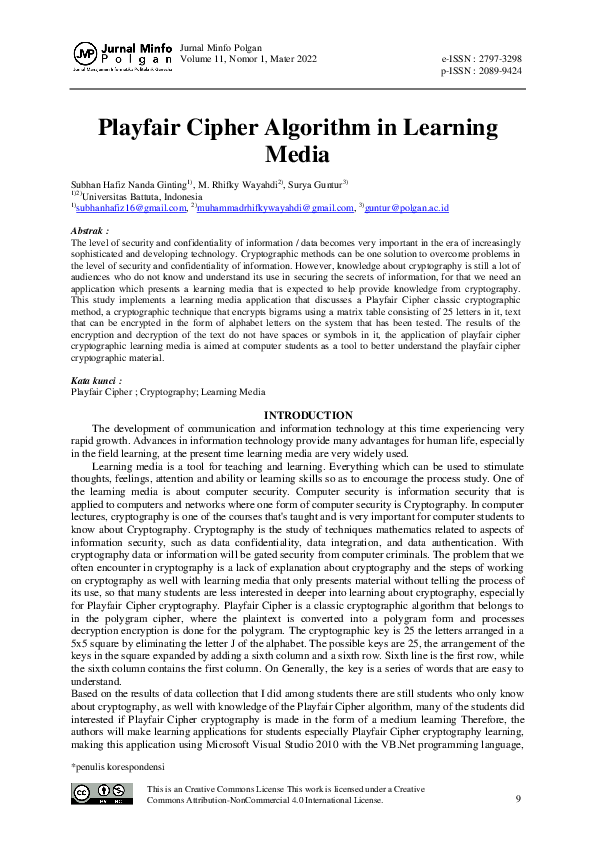 (PDF) Playfair Cipher Algorithm in Learning Media