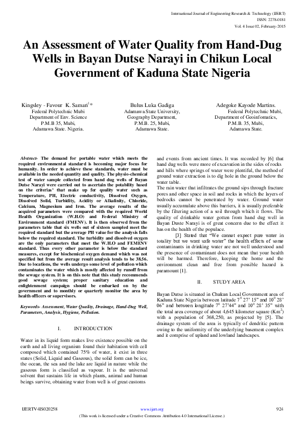 (PDF) An Assessment of Water Quality from Hand-Dug Wells in Bayan Dutse ...