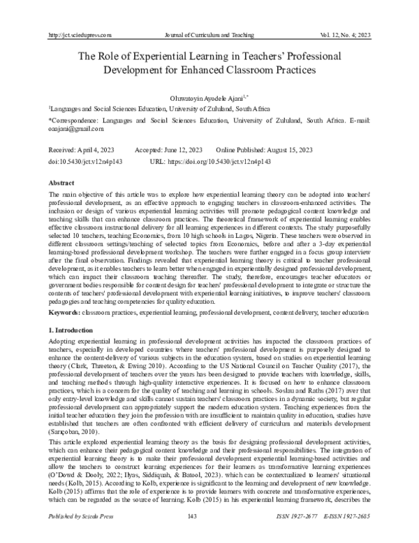 (PDF) The Role of Experiential Learning in Teachers’ Professional ...