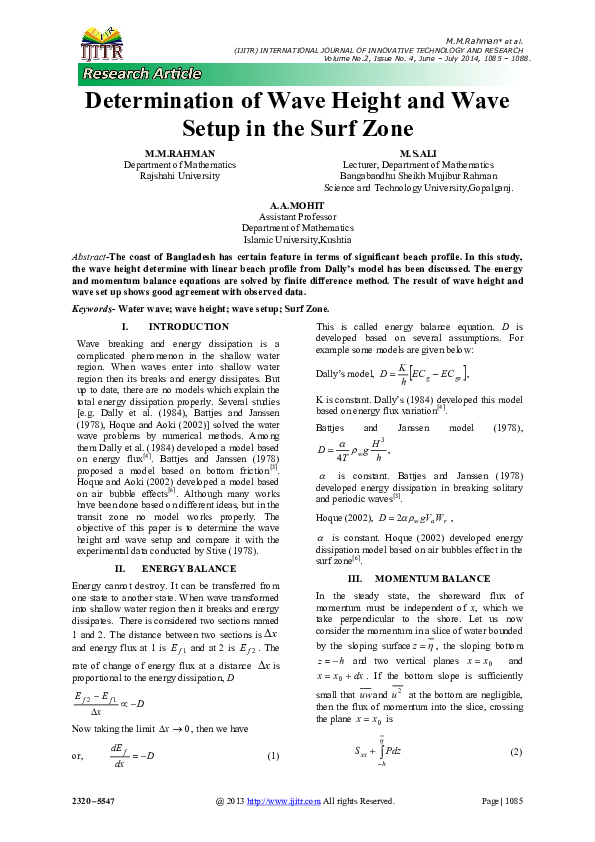 (PDF) Determination of Wave Height and Wave Setup in the Surf Zone