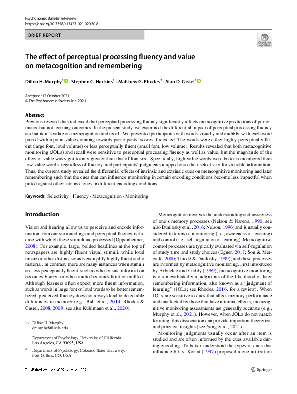 (PDF) The effect of perceptual processing fluency and value on ...