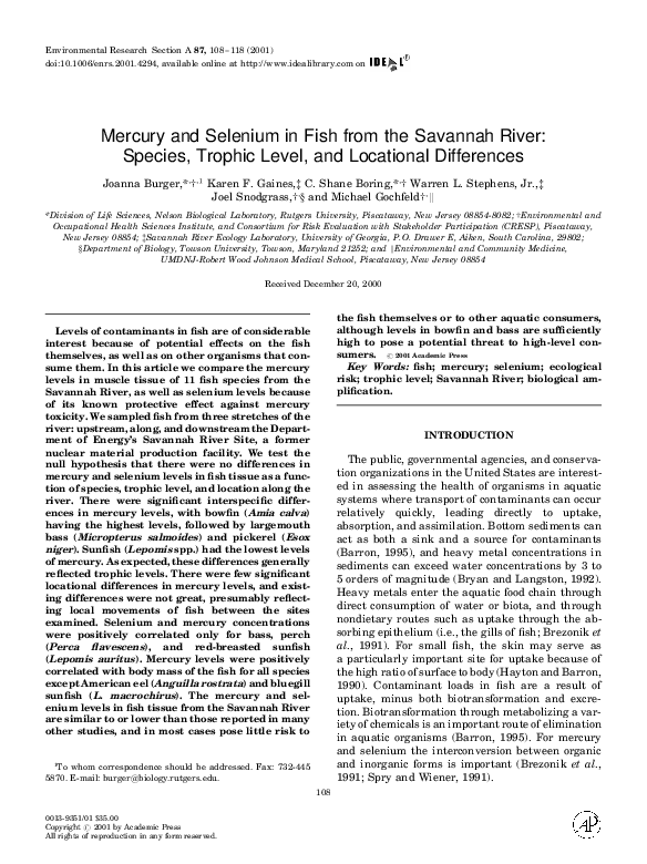 pdf mercury and selenium in fish from the savannah river species