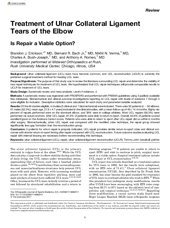 (PDF) Treatment of Ulnar Collateral Ligament Tears of the Elbow: Is ...