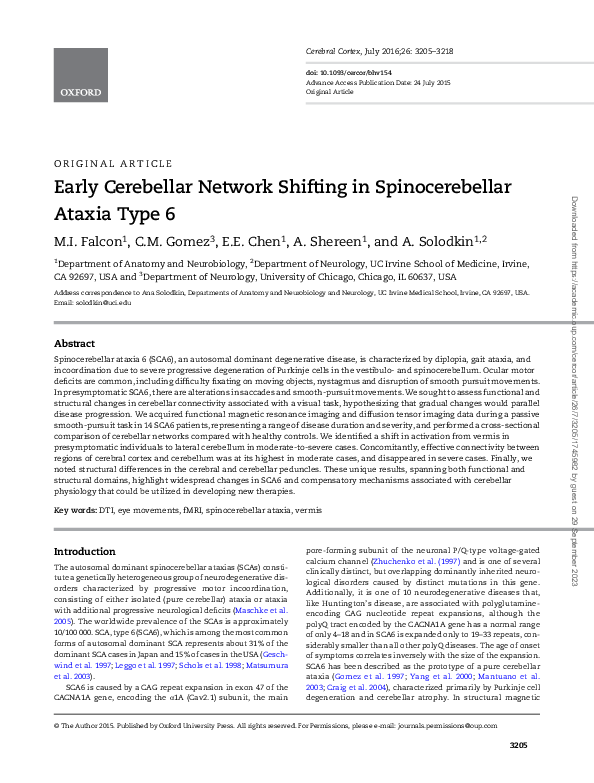 (PDF) Early Cerebellar Network Shifting in Spinocerebellar Ataxia Type 6